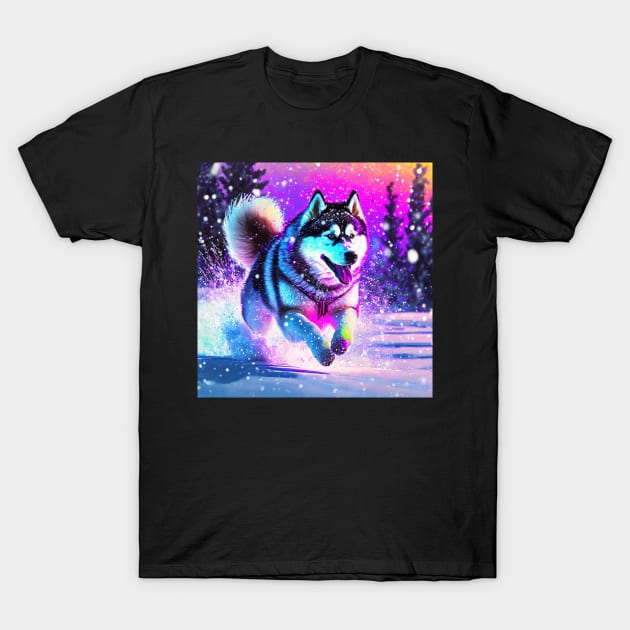 Malamute Running in the Snow T-Shirt by Mr.Guru 305 